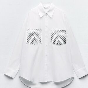 White Button-Up studded  oversized poplin blouse